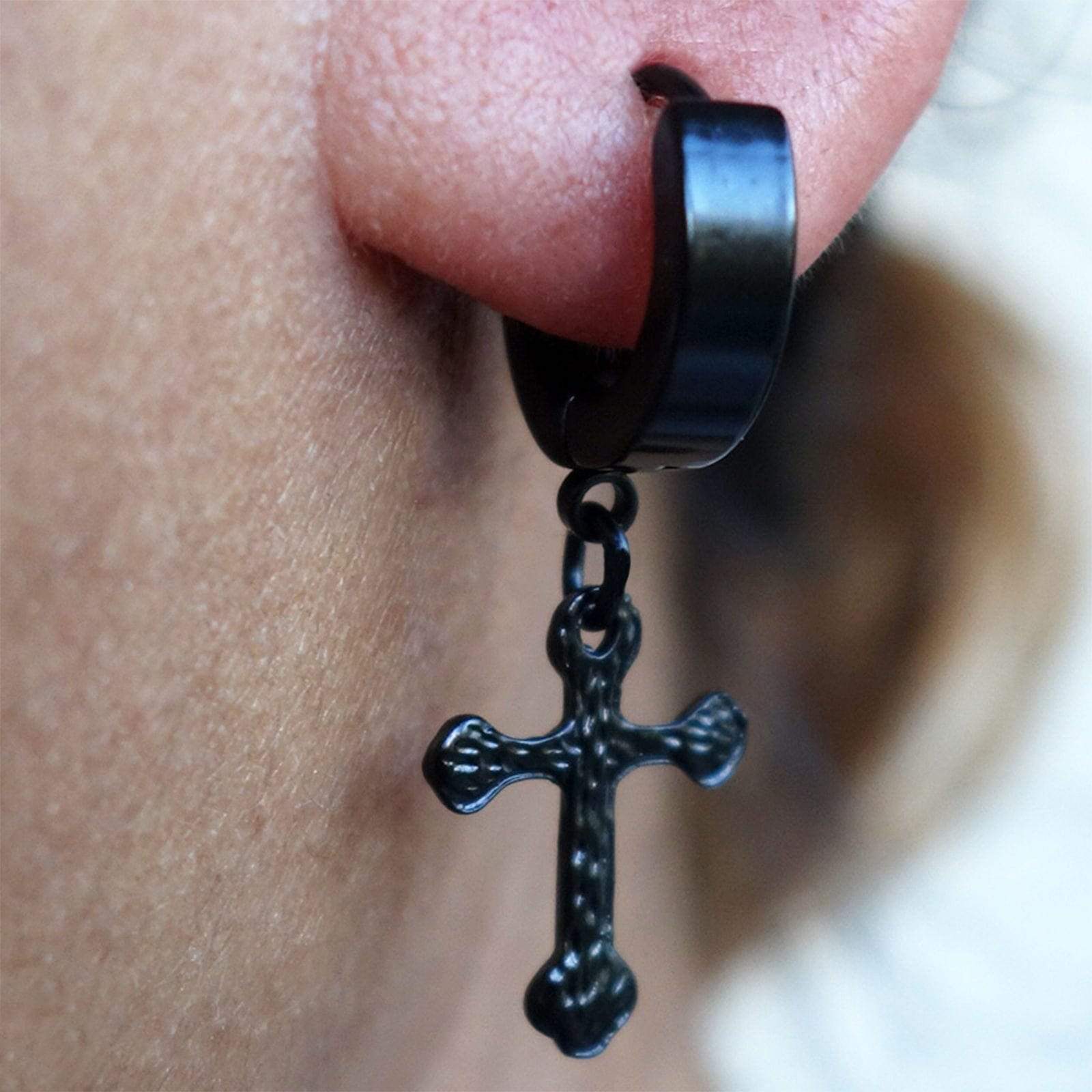 Pair of Black Cross Hoop Stud Earrings Mens Womens Ladies Girls Kids Jewellery