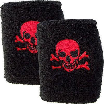 Pair of Black Red Skull and Crossbones Sweatbands Wristbands Pirate Fancy Dress Pair of Black Red Skull and Crossbones Sweatbands Wristbands Pirate Fancy Dress