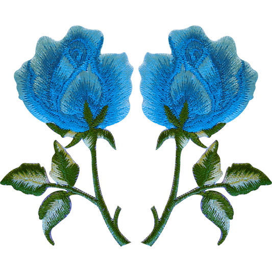 Pair of Blue Rose Patches Iron On Sew On Clothes Embroidered Flower Patch Badge