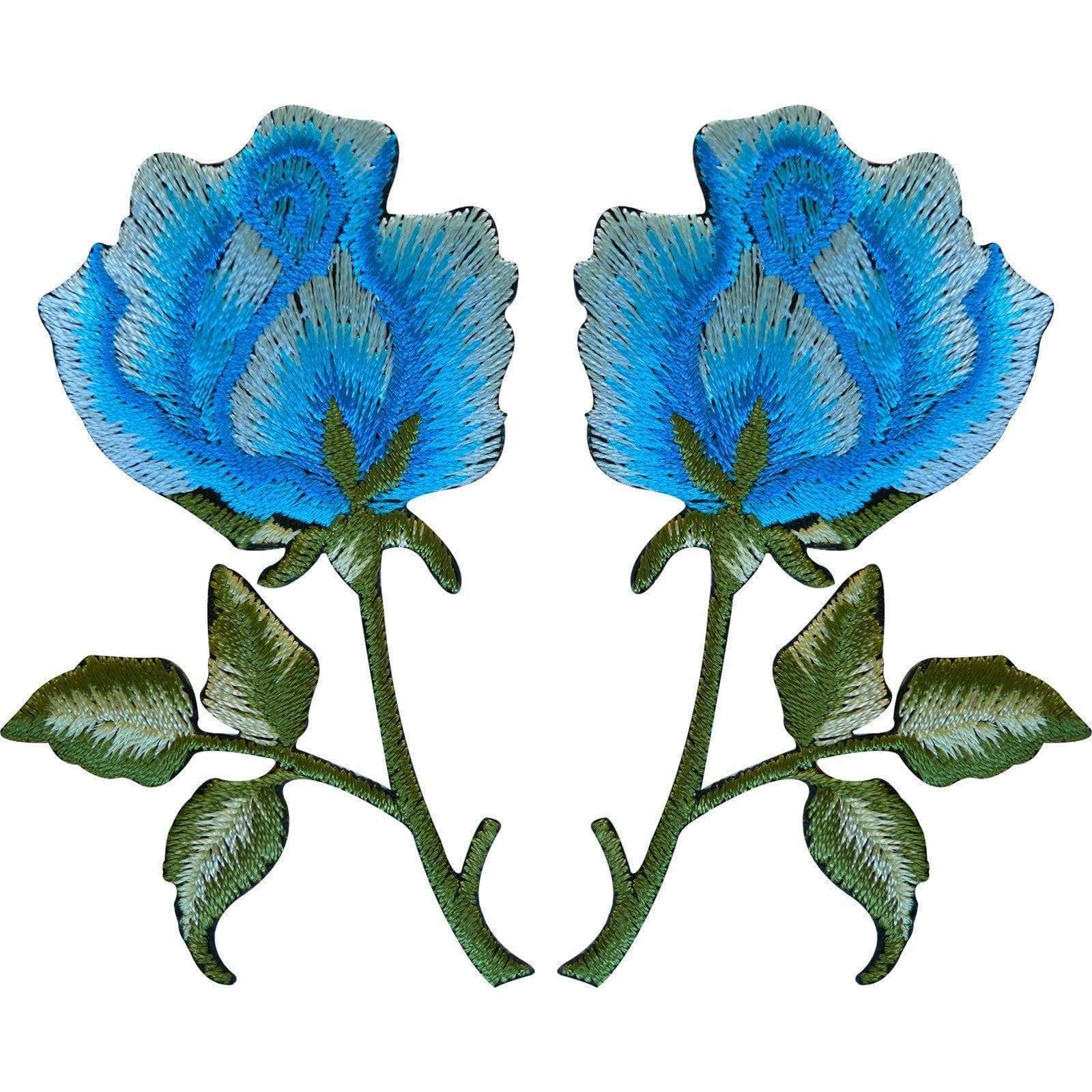 Pair of Blue Rose Patches Iron On / Sew On Embroidered Patch Badge Roses Flowers