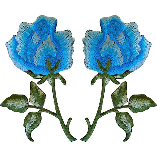 Pair of Blue Rose Patches Iron On / Sew On Embroidered Patch Badge Roses Flowers