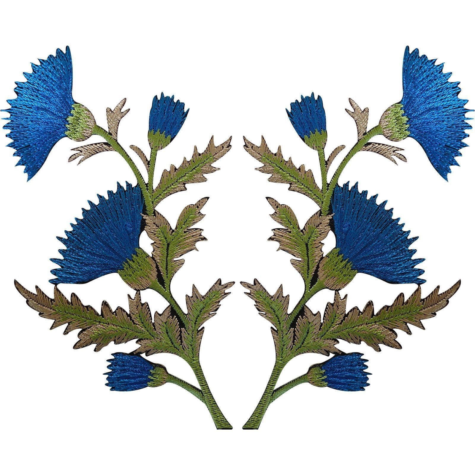 Pair of Blue Thistle Flower Patches Iron Sew On Embroidered Patch Badge Flowers