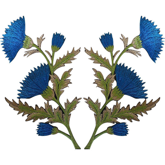 Pair of Blue Thistle Flower Patches Iron Sew On Embroidered Patch Badge Flowers