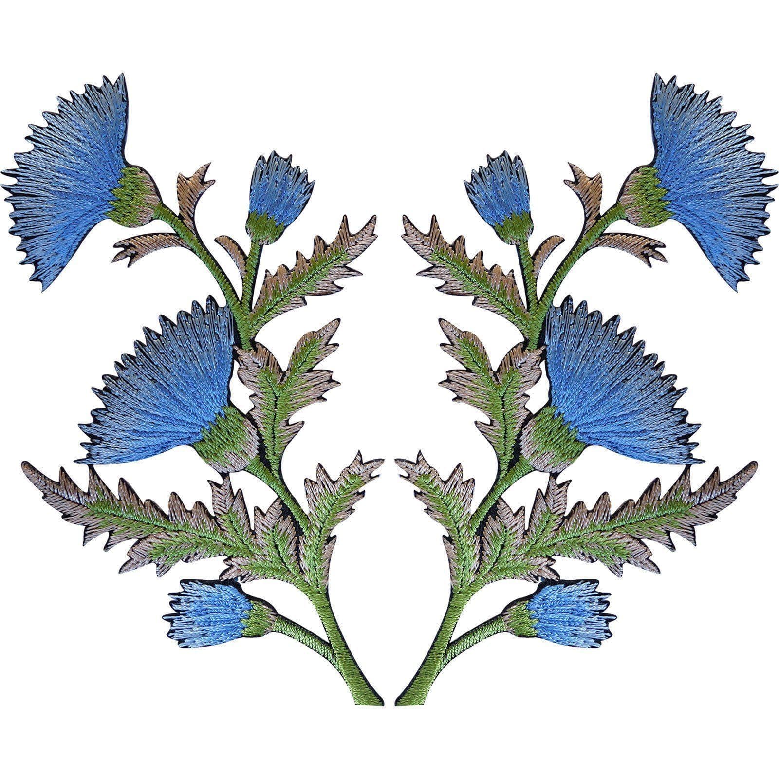 Pair of Blue Thistle Flower Patches Iron Sew On Jeans Shirt Flowers Patch Badge
