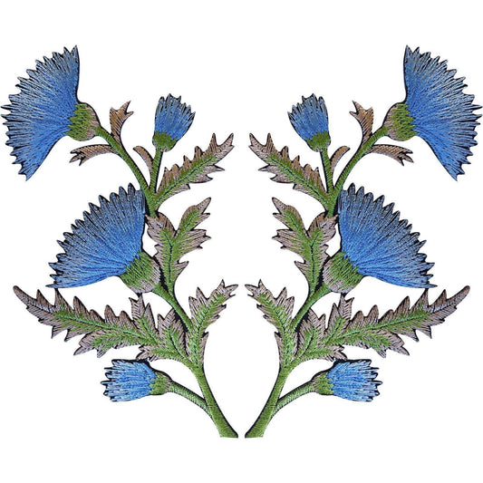 Pair of Blue Thistle Flower Patches Iron Sew On Jeans Shirt Flowers Patch Badge