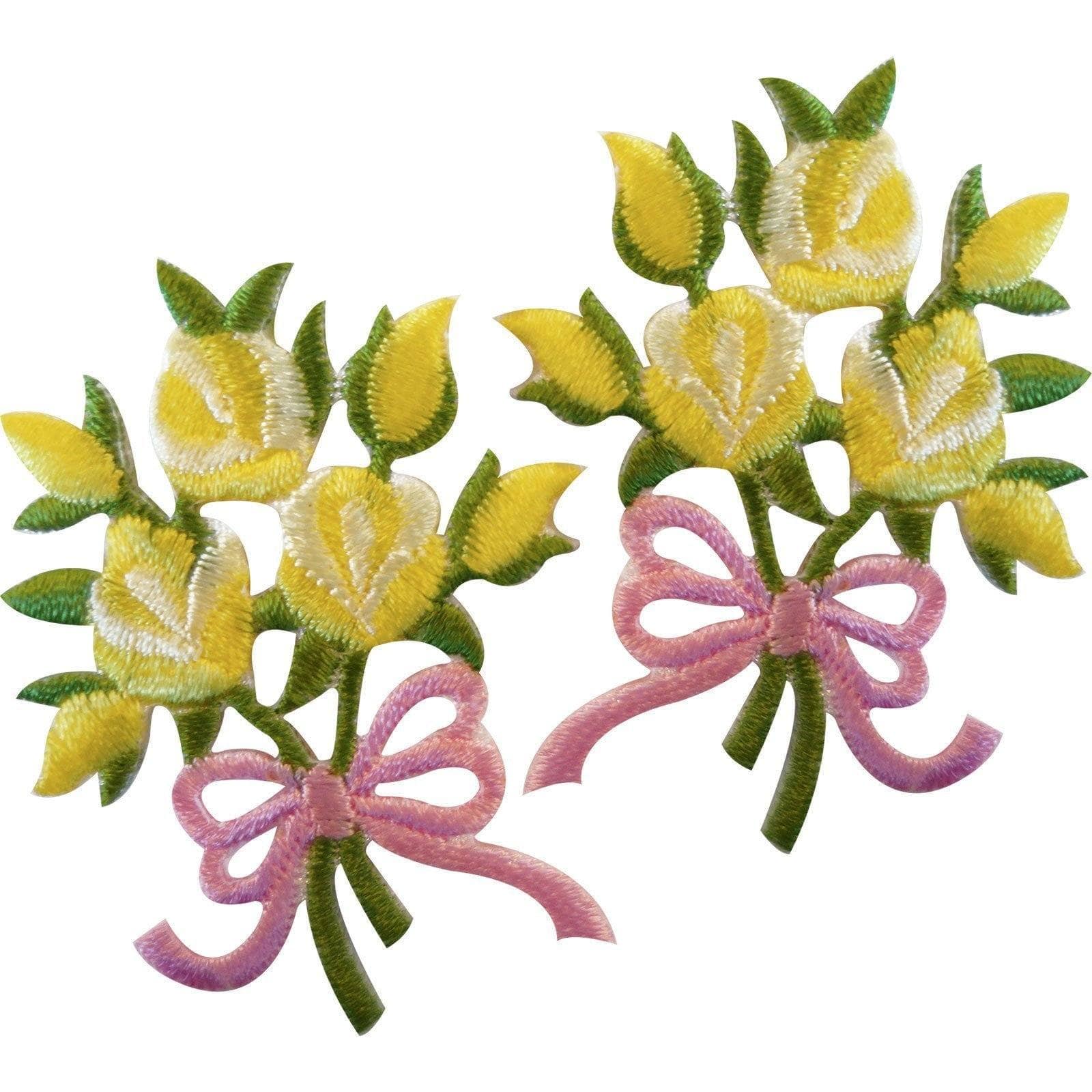 Pair of Bouquet Flowers Patches Iron Sew On Embroidered Patch Badge Yellow Roses