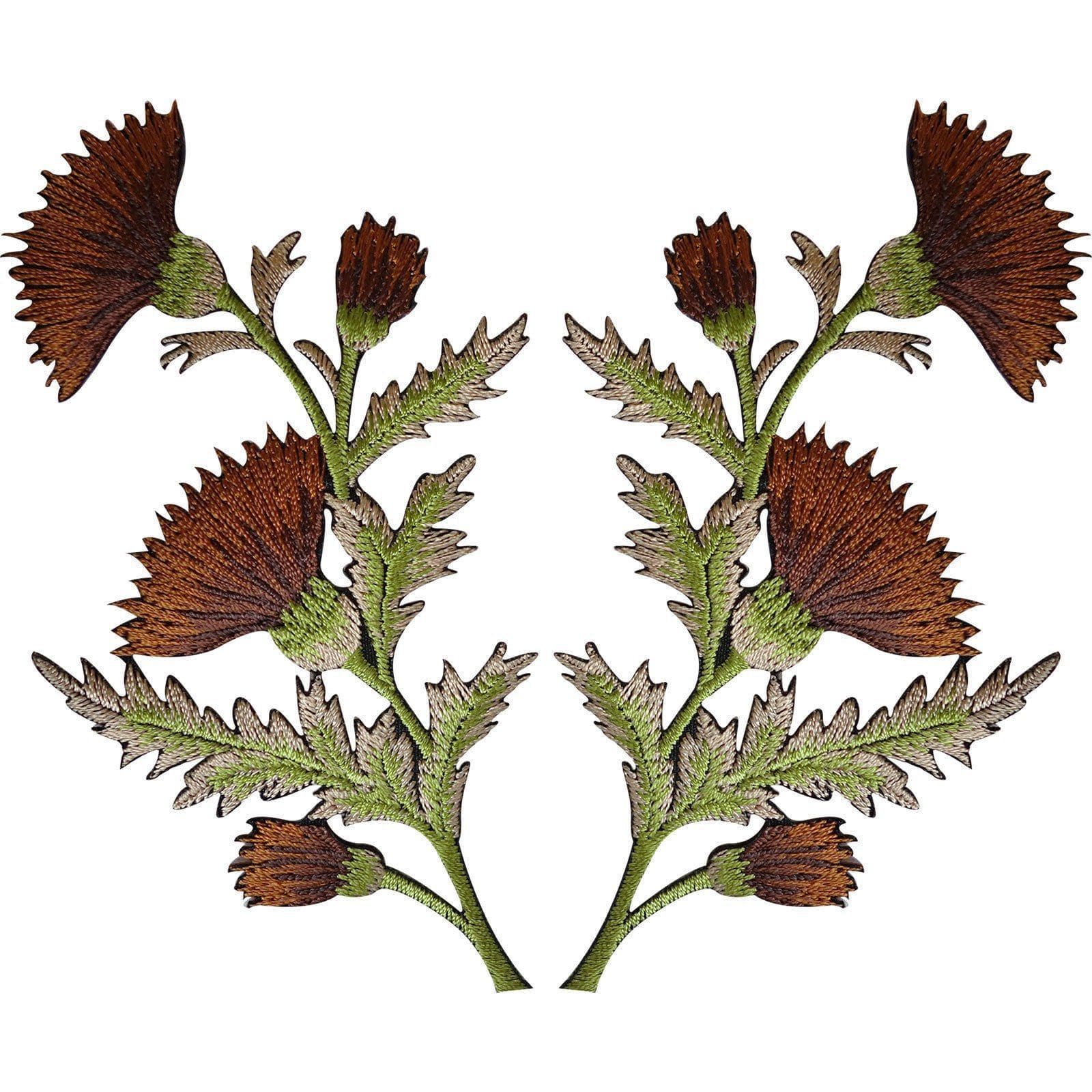 Pair of Brown Thistle Flower Patches Iron Sew On Embroidered Patch Badge Flowers