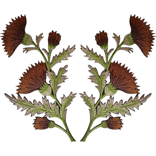 Pair of Brown Thistle Flower Patches Iron Sew On Embroidered Patch Badge Flowers