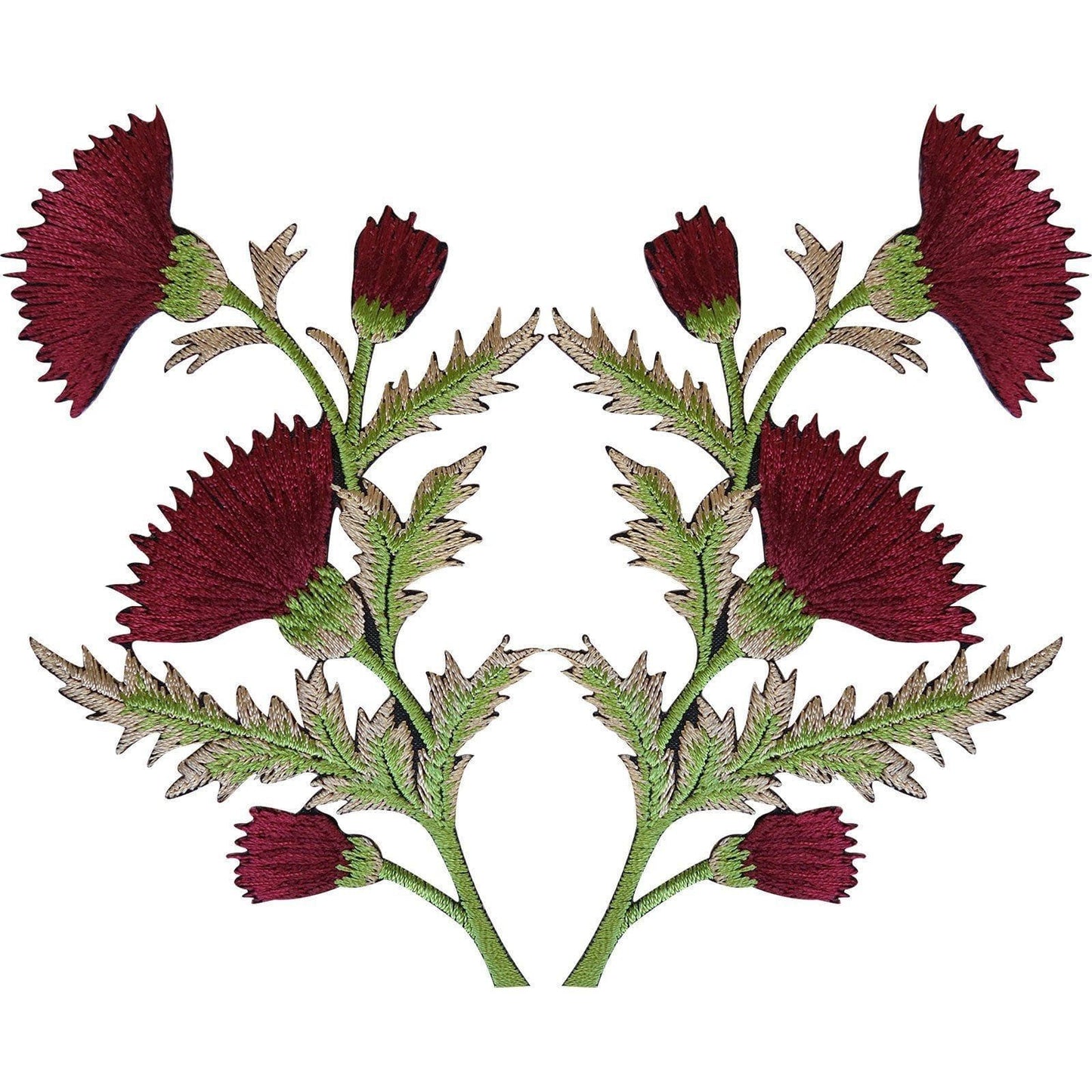 Pair of Burgundy Maroon Red Thistle Flower Patches Iron On Sew On Flowers Patch
