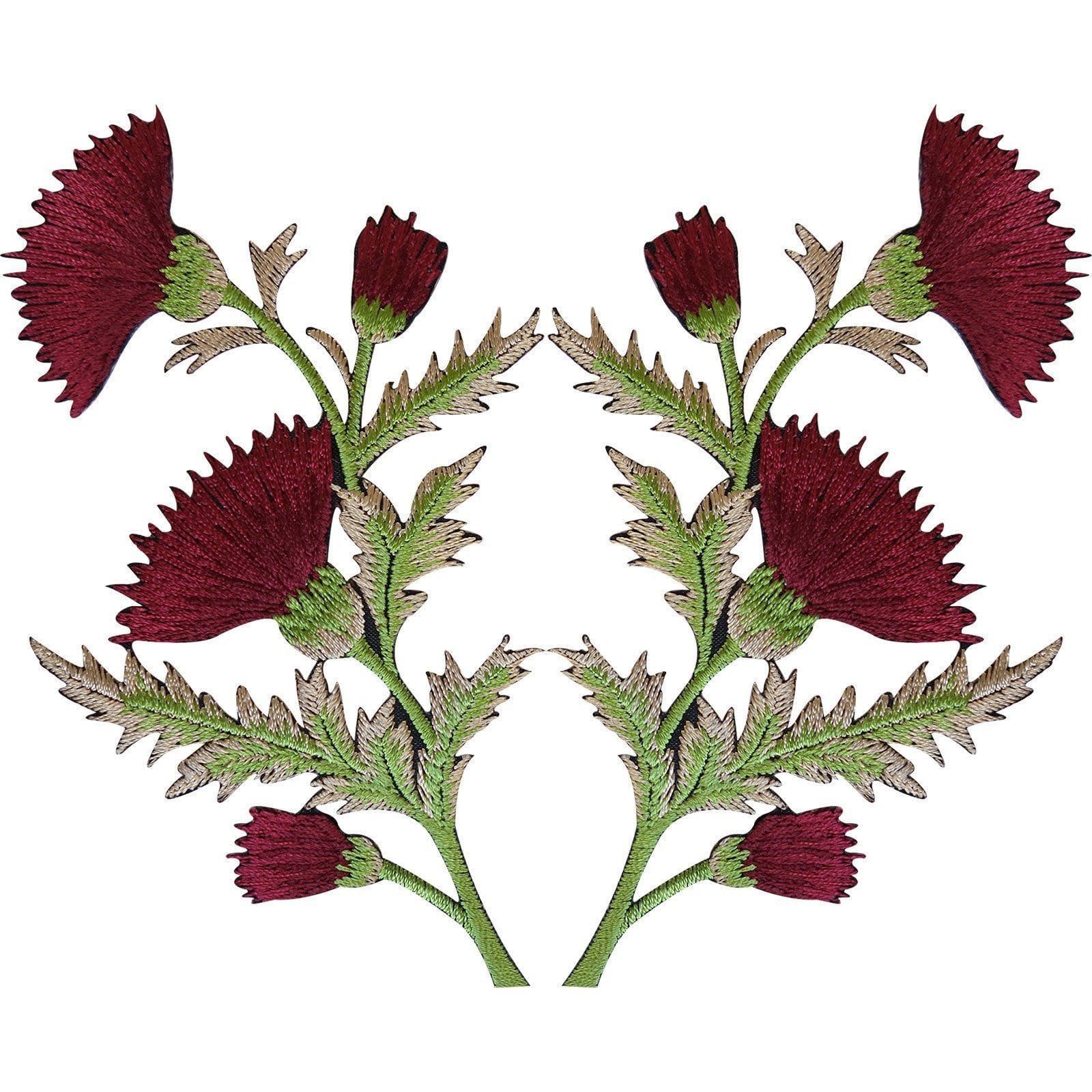 Pair of Burgundy Maroon Red Thistle Flower Patches Iron On Sew On Flowers Patch