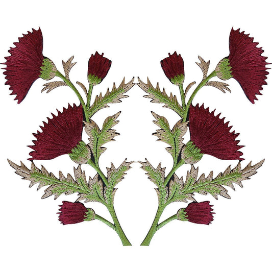 Pair of Burgundy Maroon Red Thistle Flower Patches Iron On Sew On Flowers Patch