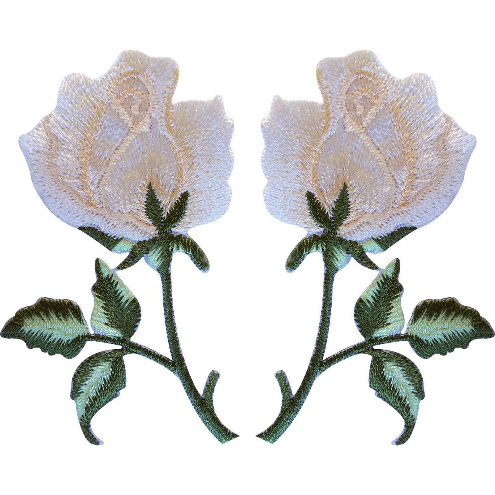 Pair of Cream Rose Patches Iron On Sew On Patch Badges Embroidered Flower Roses