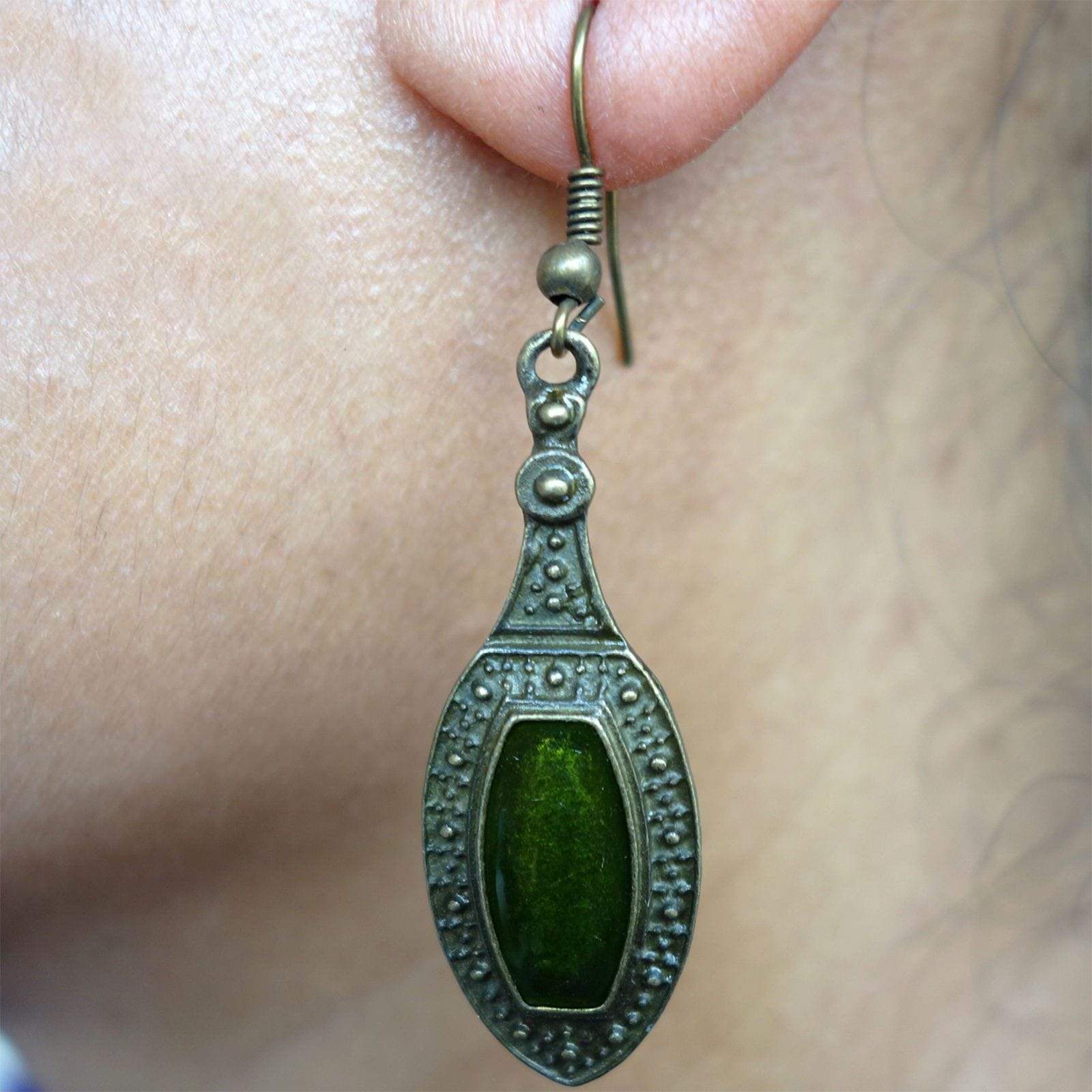 Pair of Drop Dangle Hook Earrings Studs Green Bronze Womens Ladies Girls Childs
