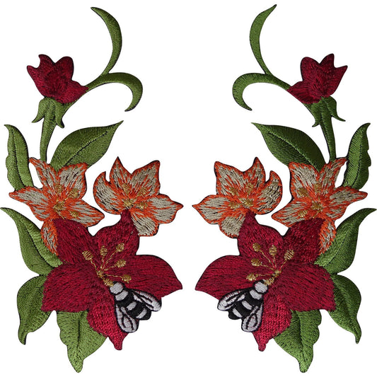 Pair of Flower Patches Iron Sew On Denim Embroidered Patch Badge Bee Wasp Insect