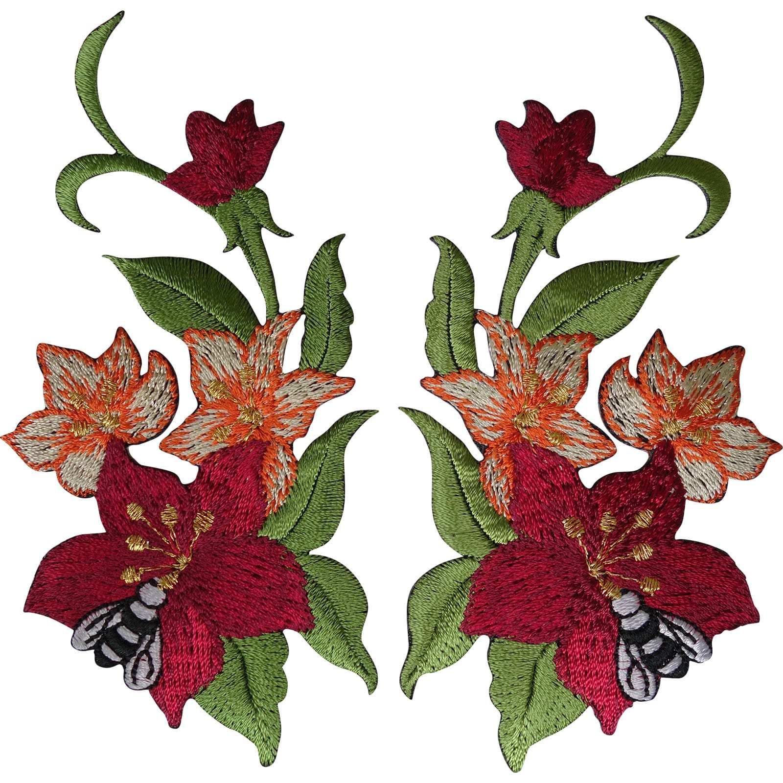 Pair of Flower Patches Iron Sew On Denim Embroidered Patch Badge Bee Wasp Insect