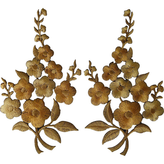 Pair of Gold Flower Patches Iron Sew On Floral Embroidered Patch Badge Flowers