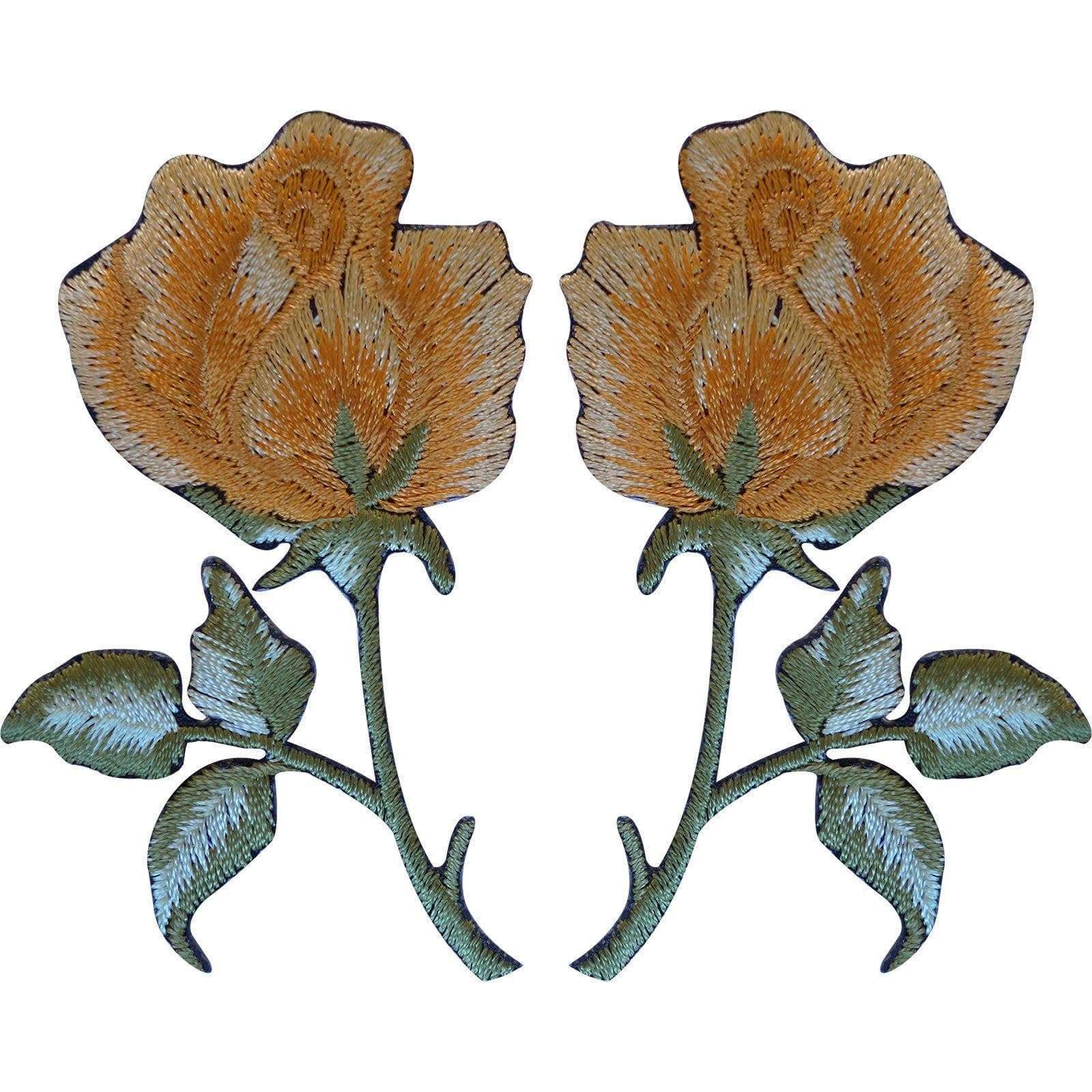 Pair of Gold Rose Patches Iron On / Sew On Patch Badge Embroidered Flowers Roses