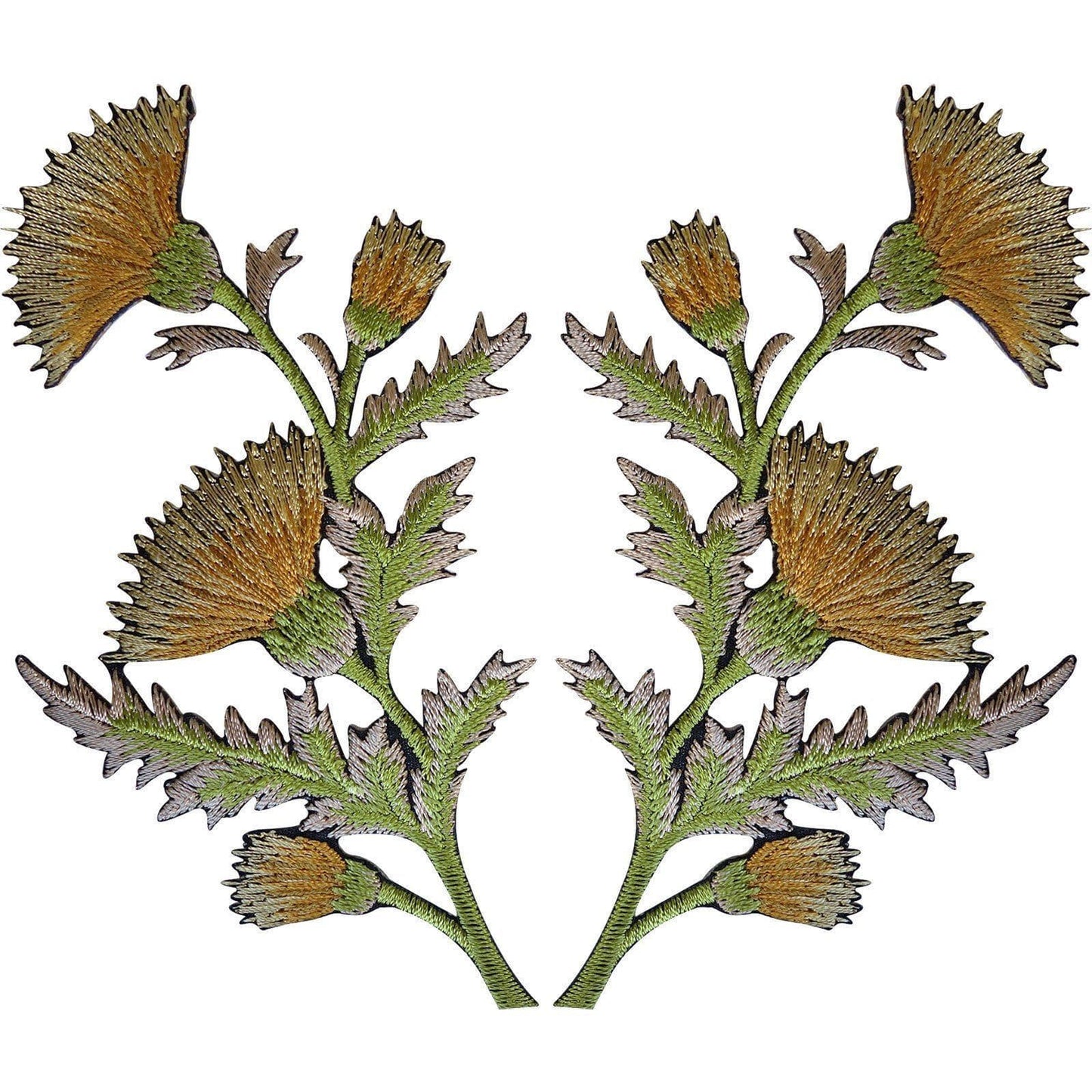 Pair of Gold Thistle Flower Patches Iron Sew On Embroidered Patch Badge Flowers