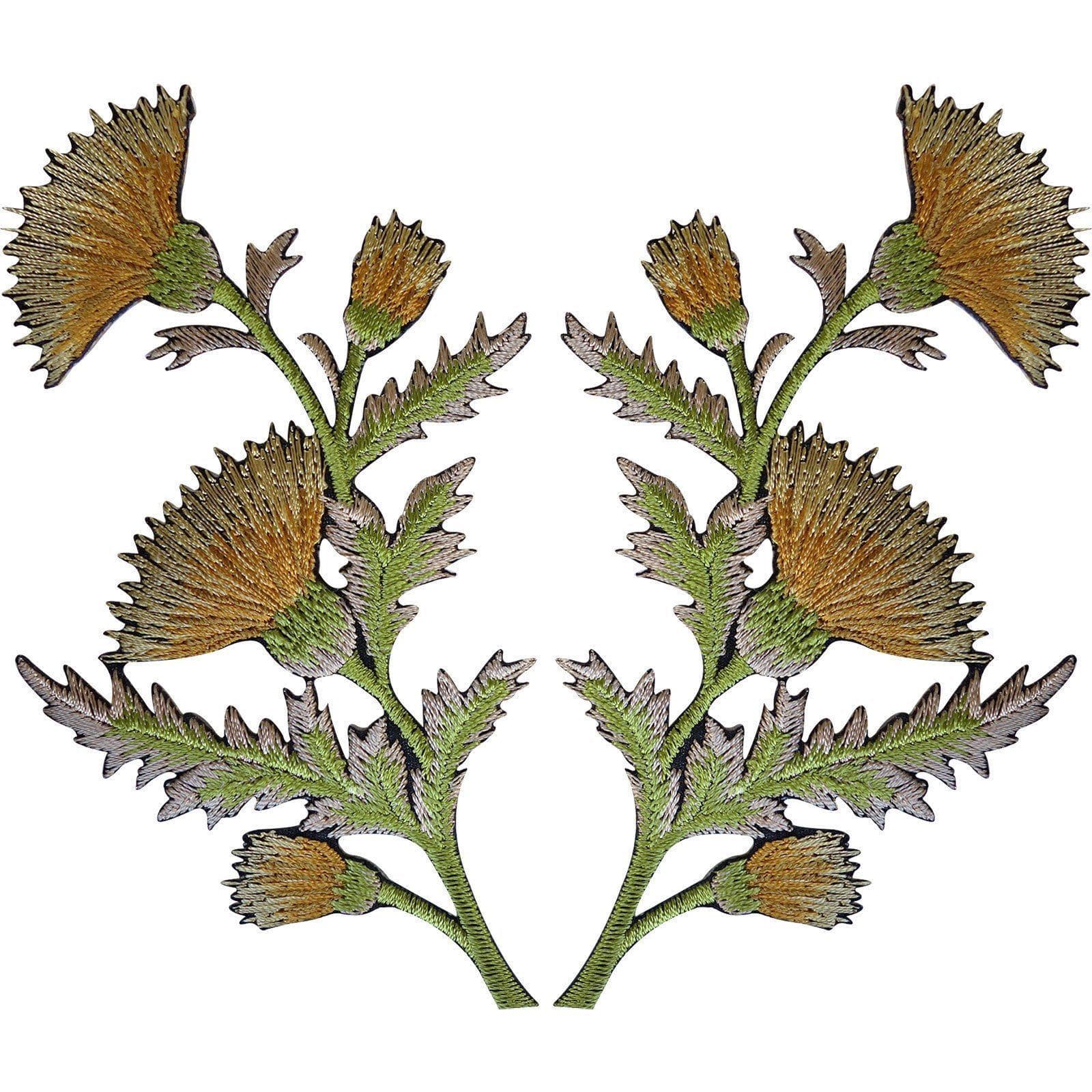 Pair of Gold Thistle Flower Patches Iron Sew On Embroidered Patch Badge Flowers