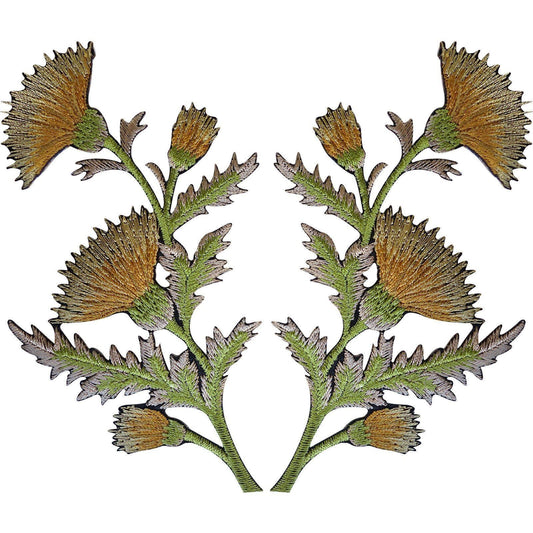 Pair of Gold Thistle Flower Patches Iron Sew On Embroidered Patch Badge Flowers