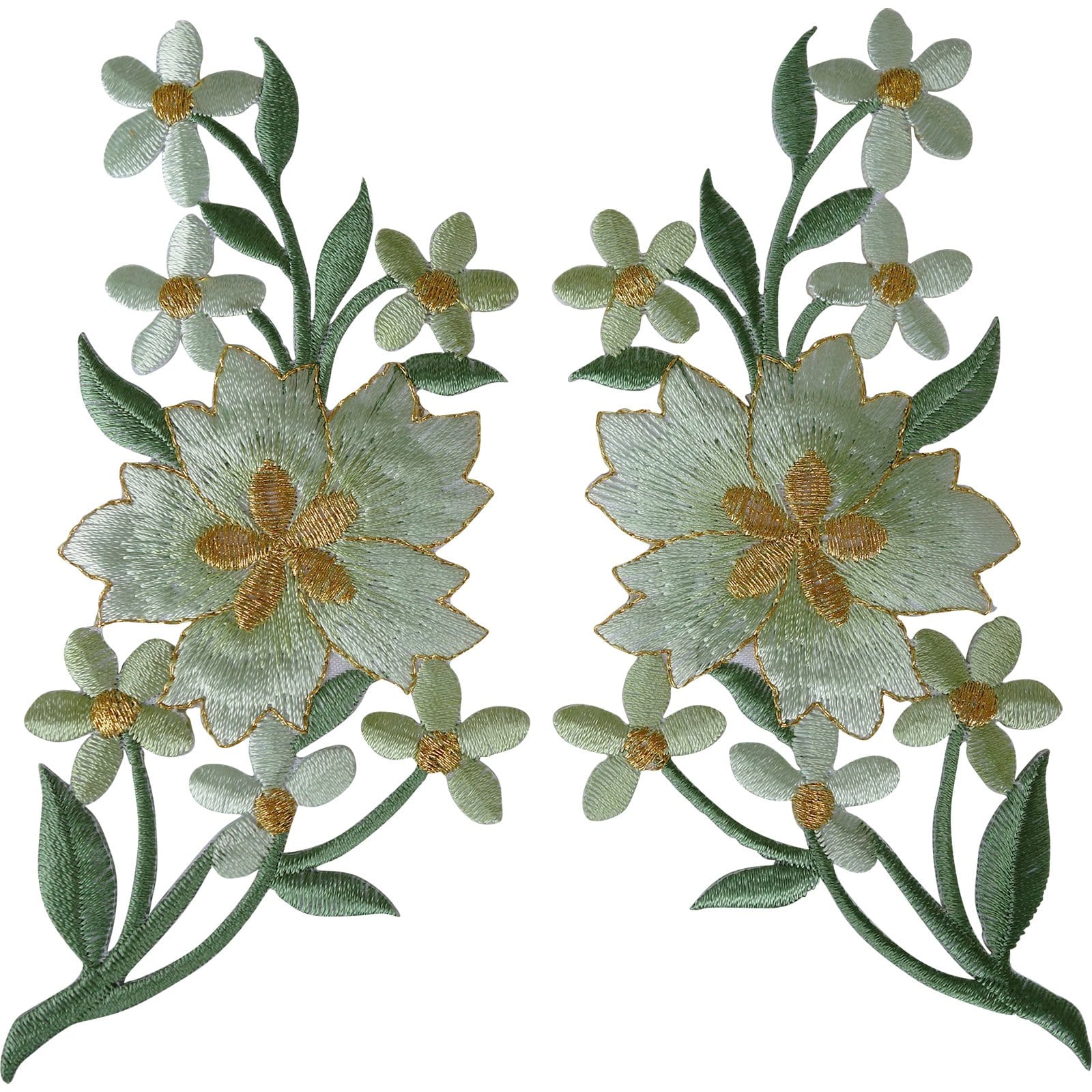 Pair of Green Flower Patches Iron Sew On Jeans Flowers Embroidered Patch Badge