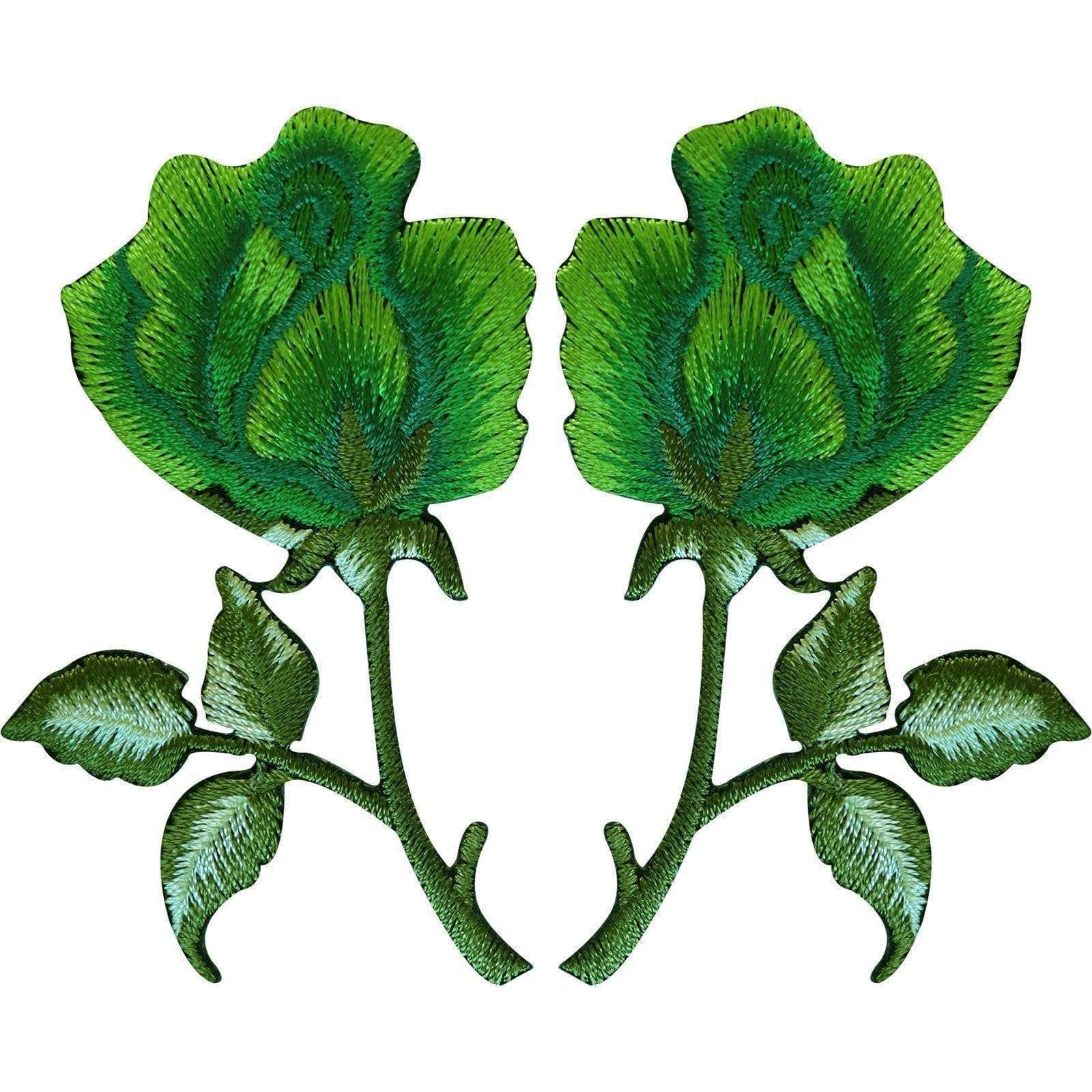 Pair of Green Rose Patches Iron On Sew On Embroidered Roses Flower Patch Badge