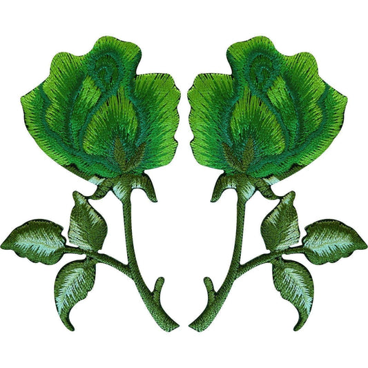 Pair of Green Rose Patches Iron On Sew On Embroidered Roses Flower Patch Badge
