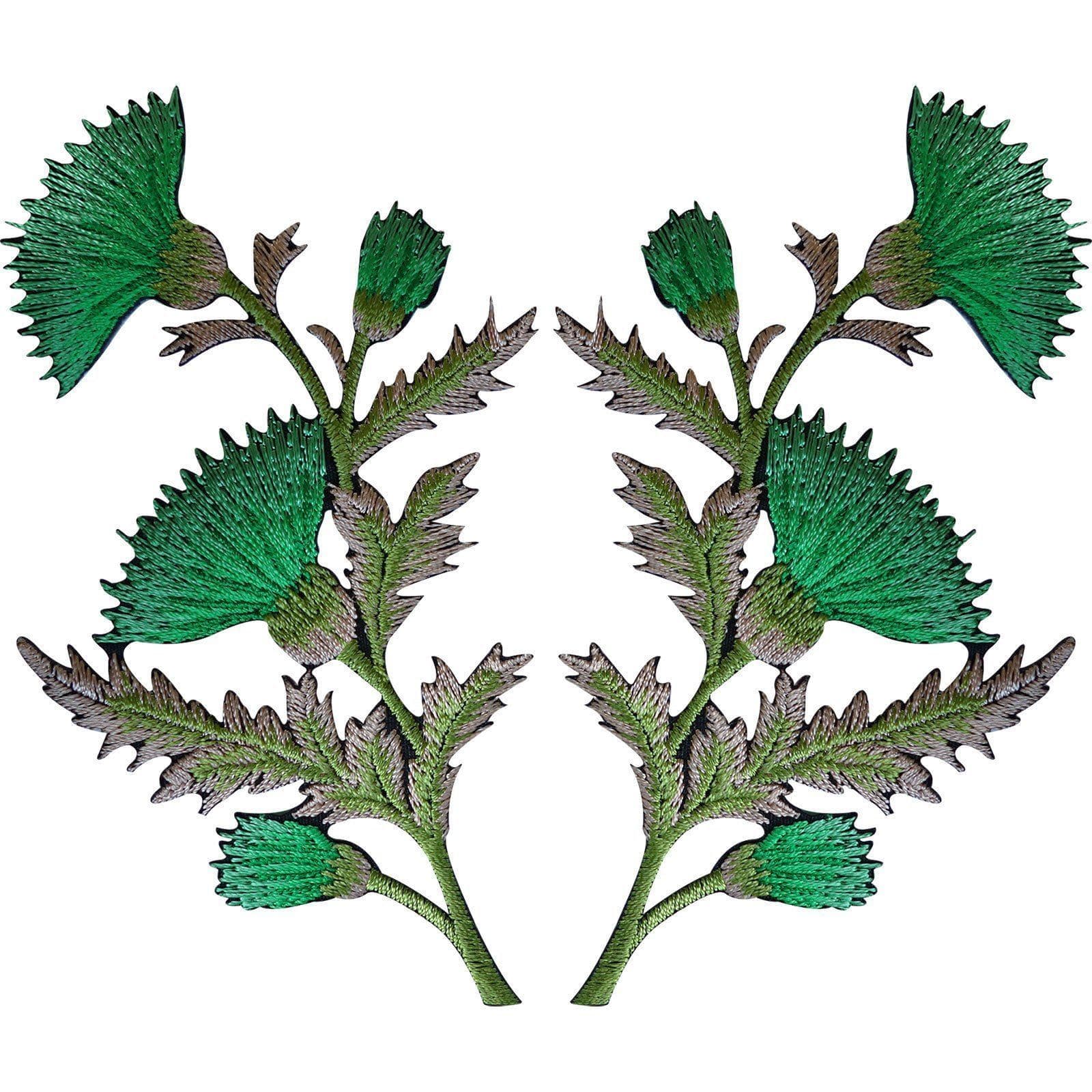 Pair of Green Thistle Flower Patches Iron Sew On Embroidered Patch Badge Flowers