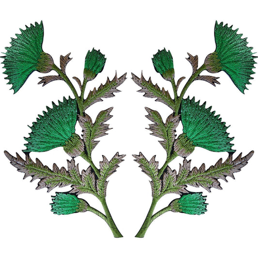 Pair of Green Thistle Flower Patches Iron Sew On Embroidered Patch Badge Flowers