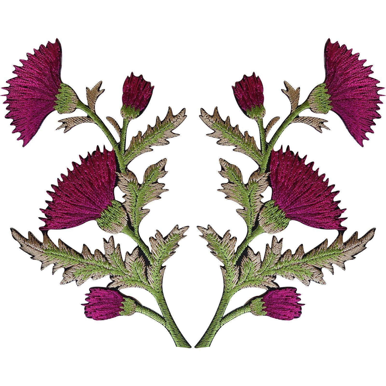 Pair of Magenta Pink Thistle Flower Patches Iron Sew On Shirt Bag Flowers Patch