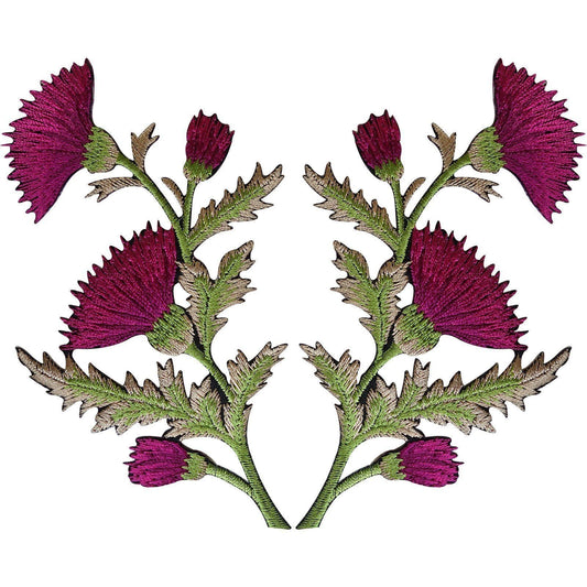 Pair of Magenta Pink Thistle Flower Patches Iron Sew On Shirt Bag Flowers Patch