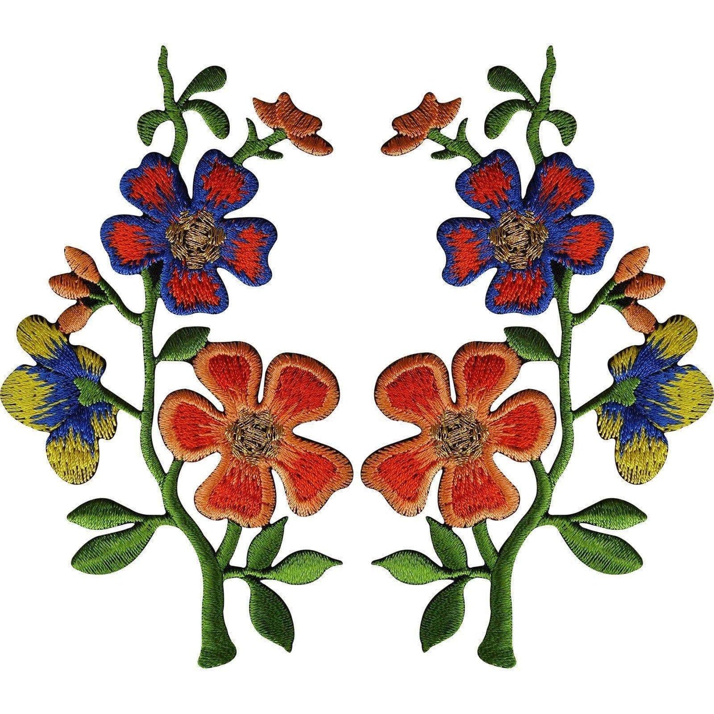 Pair of Orange Blue Flower Patches Iron Sew On Flowers Embroidered Patch Badge