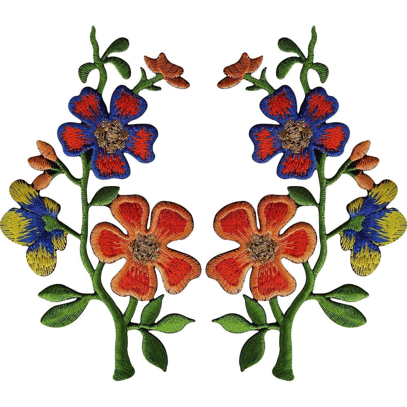 Pair of Orange Blue Flower Patches Iron Sew On Flowers Embroidered Patch Badge
