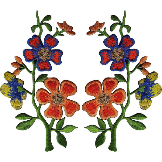Pair of Orange Blue Flower Patches Iron Sew On Flowers Embroidered Patch Badge