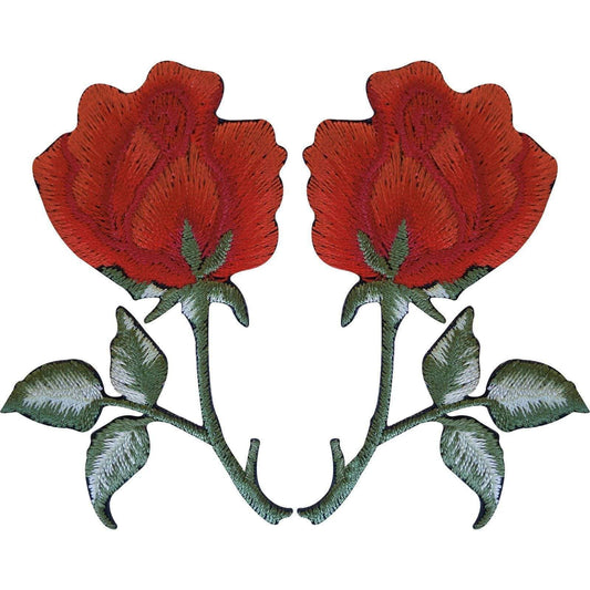 Pair of Orange Red Rose Flower Patches Iron On Sew On Patch Badge Roses Flowers
