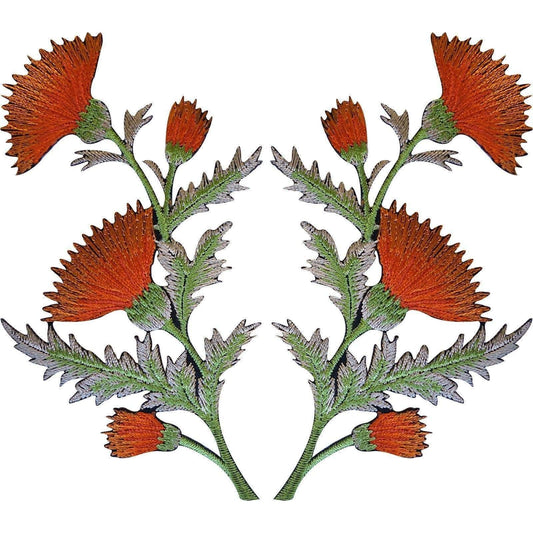 Pair of Orange Thistle Flower Patches Iron Sew On Embroidery Patch Badge Flowers