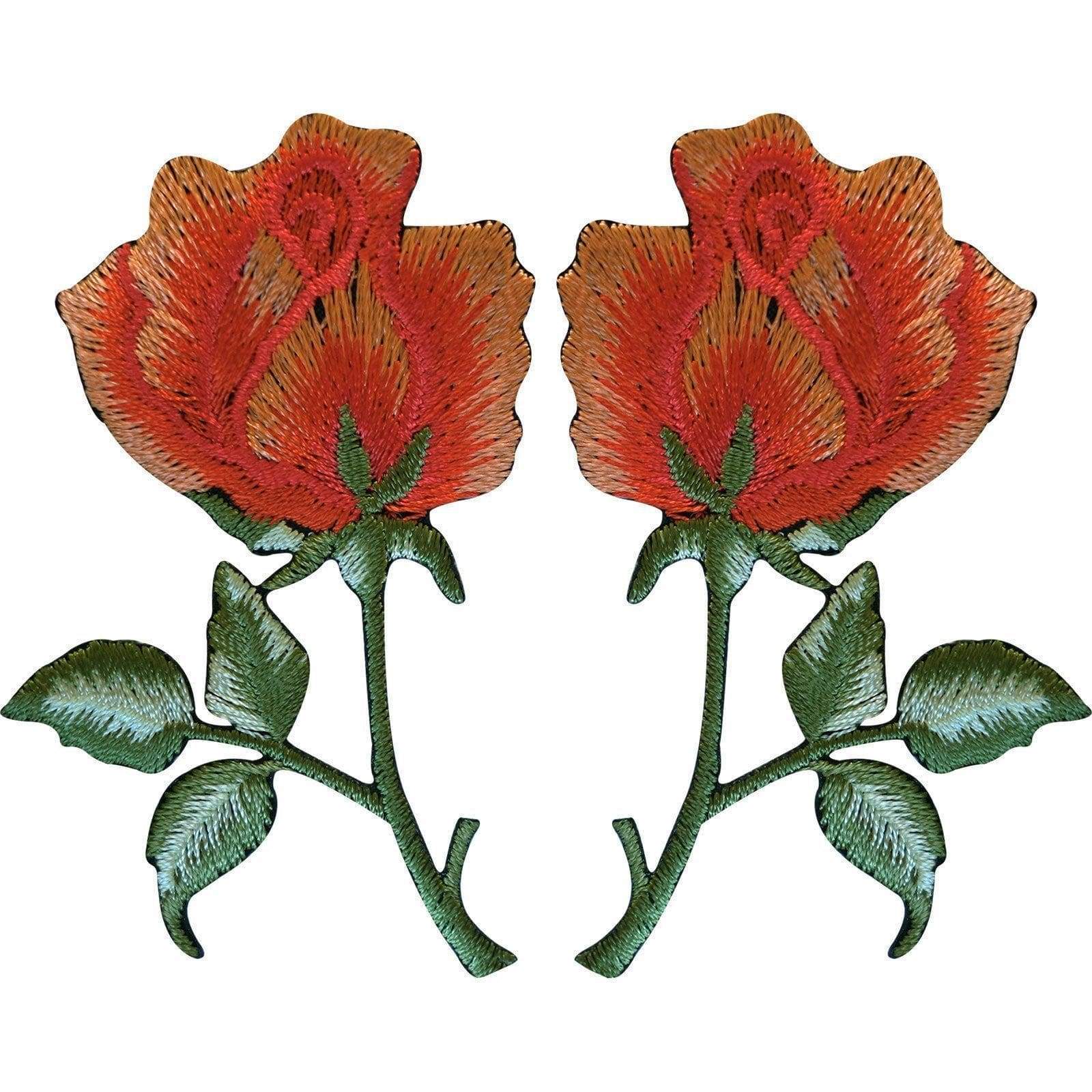 Pair of Peach Orange Roses Patches Iron On Sew On Embroidered Rose Flower Patch