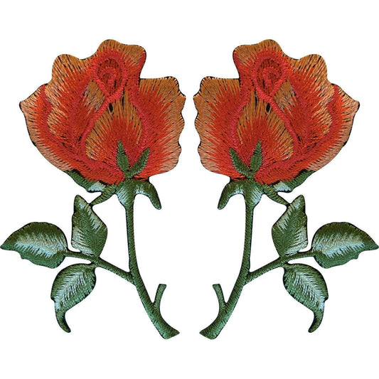 Pair of Peach Orange Roses Patches Iron On Sew On Embroidered Rose Flower Patch