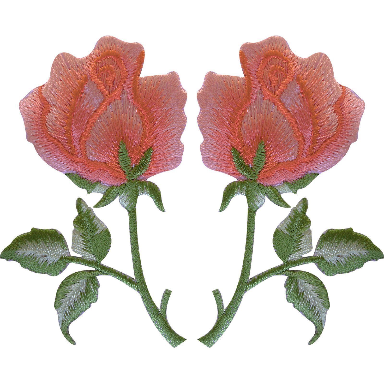 Pair of Peach Pink Rose Patches Iron Sew On Embroidered Roses Flower Patch Badge
