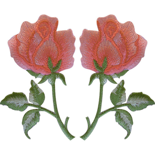 Pair of Peach Pink Rose Patches Iron Sew On Embroidered Roses Flower Patch Badge