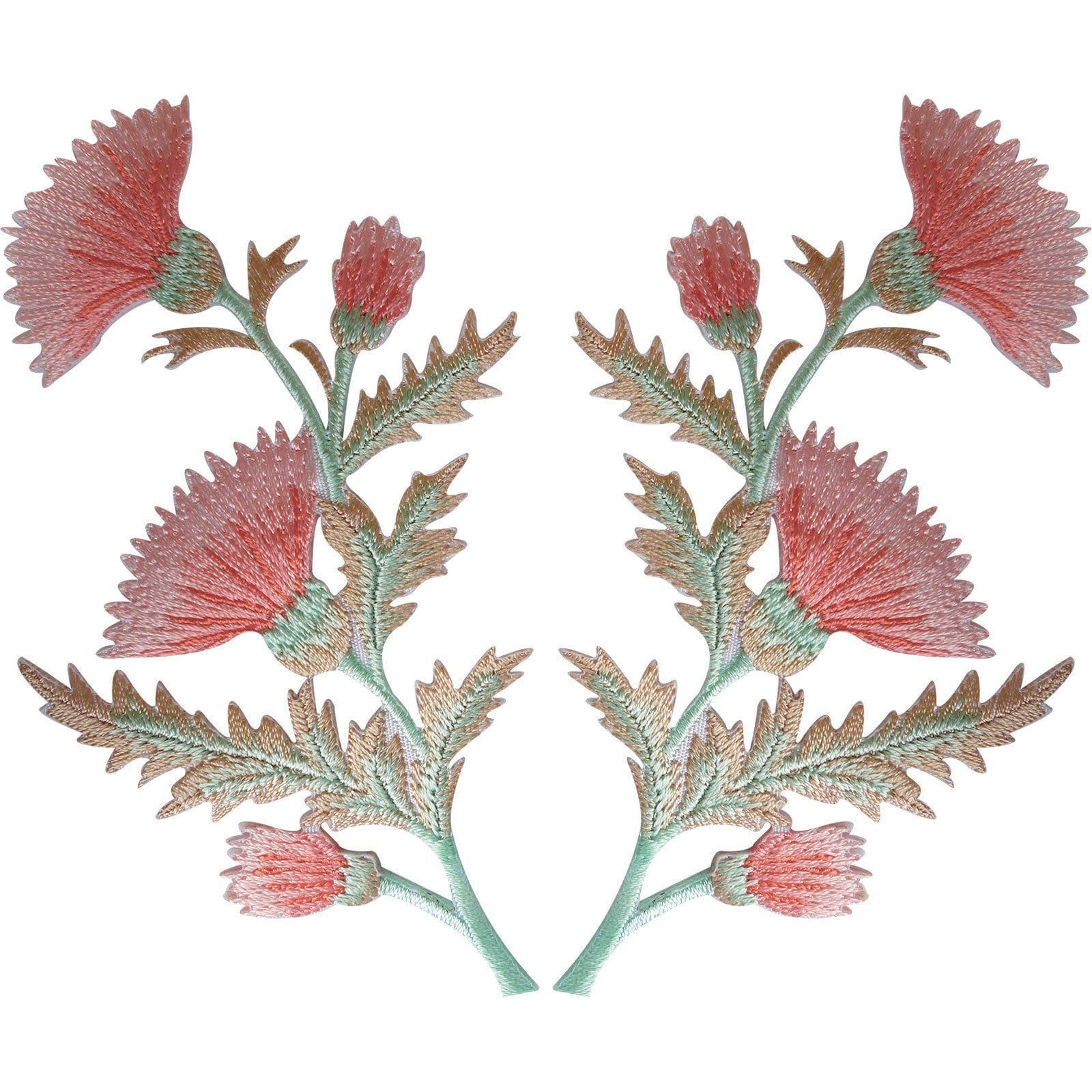 Pair of Peach Pink Thistle Flower Patches Iron Sew On Flowers Floral Patch Badge