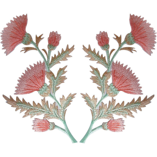 Pair of Peach Pink Thistle Flower Patches Iron Sew On Flowers Floral Patch Badge
