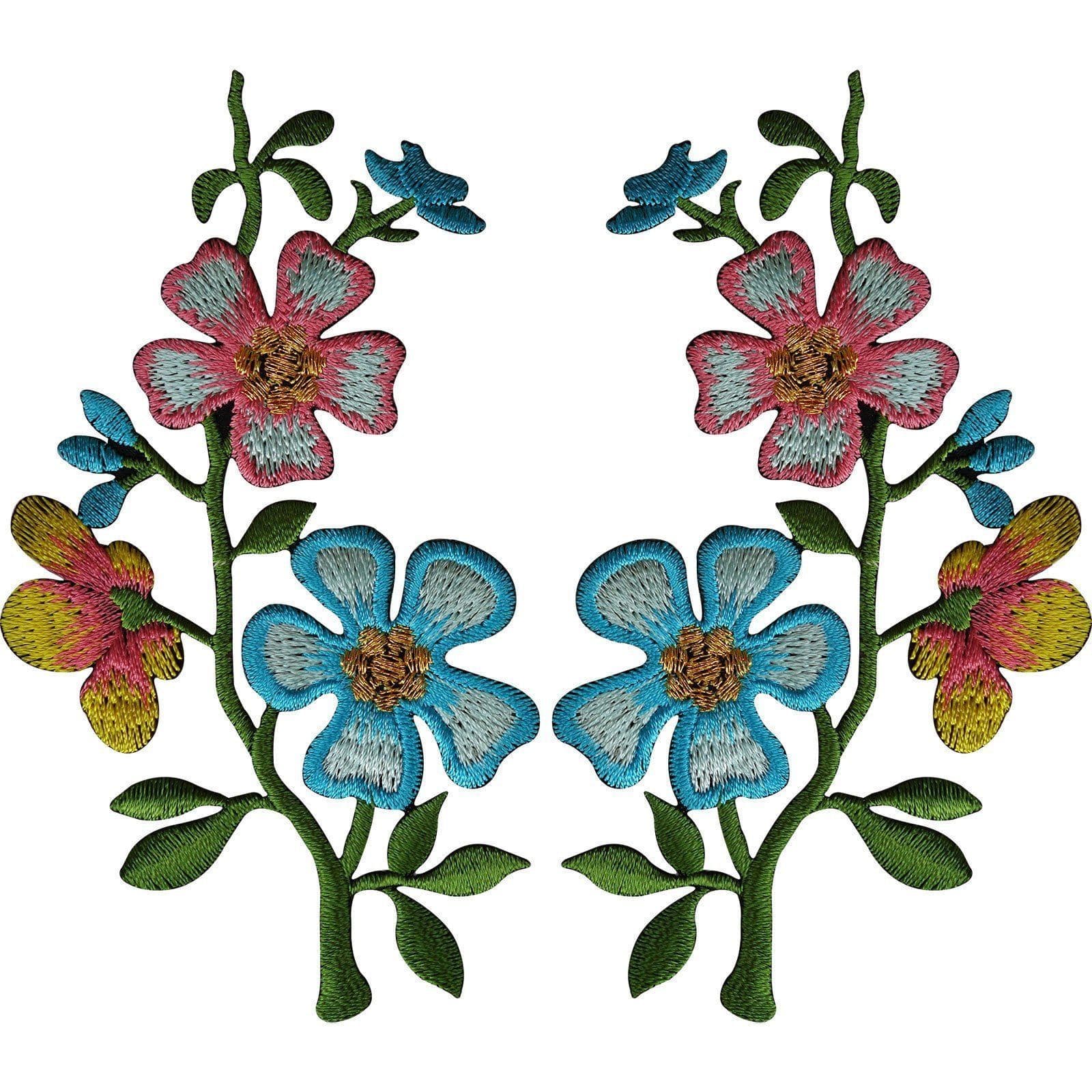 Pair of Pink Blue Flower Patches Iron On Sew On Embroidery Patch Badge Appliques