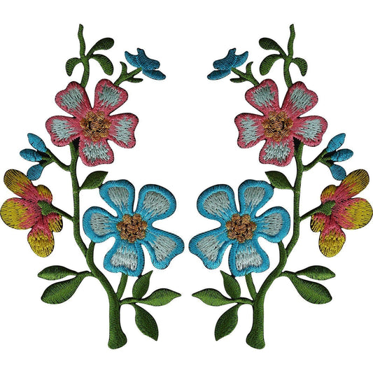 Pair of Pink Blue Flower Patches Iron On Sew On Embroidery Patch Badge Appliques
