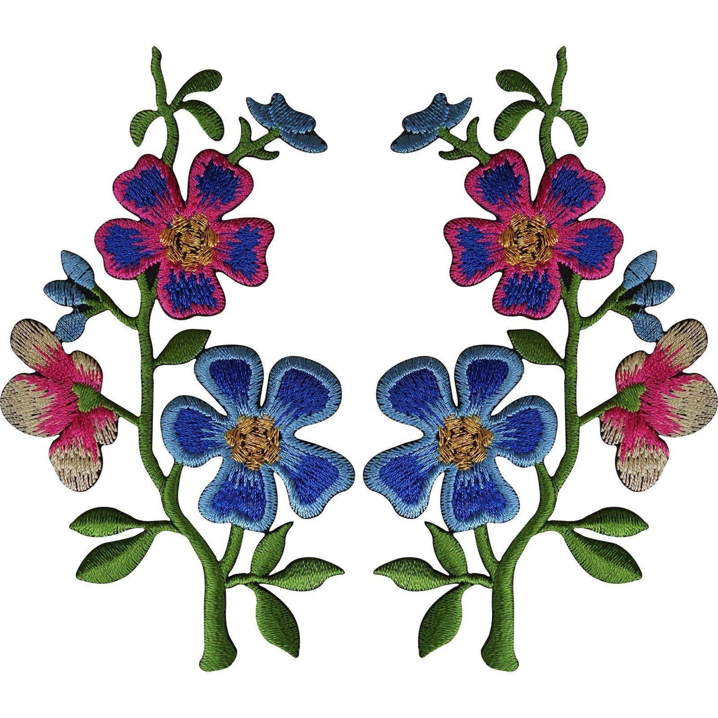 Pair of Pink Blue Flower Patches Iron On Sew On Flowers Embroidered Patch Badge