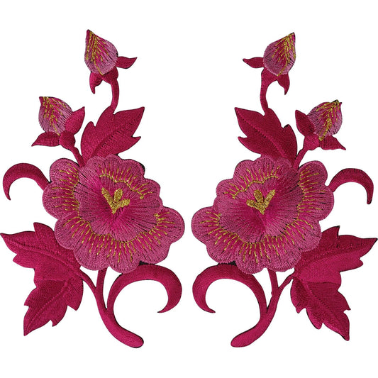 Pair of Pink Flower Patches Iron On Sew On Jeans Embroidered Patch Badge Flowers