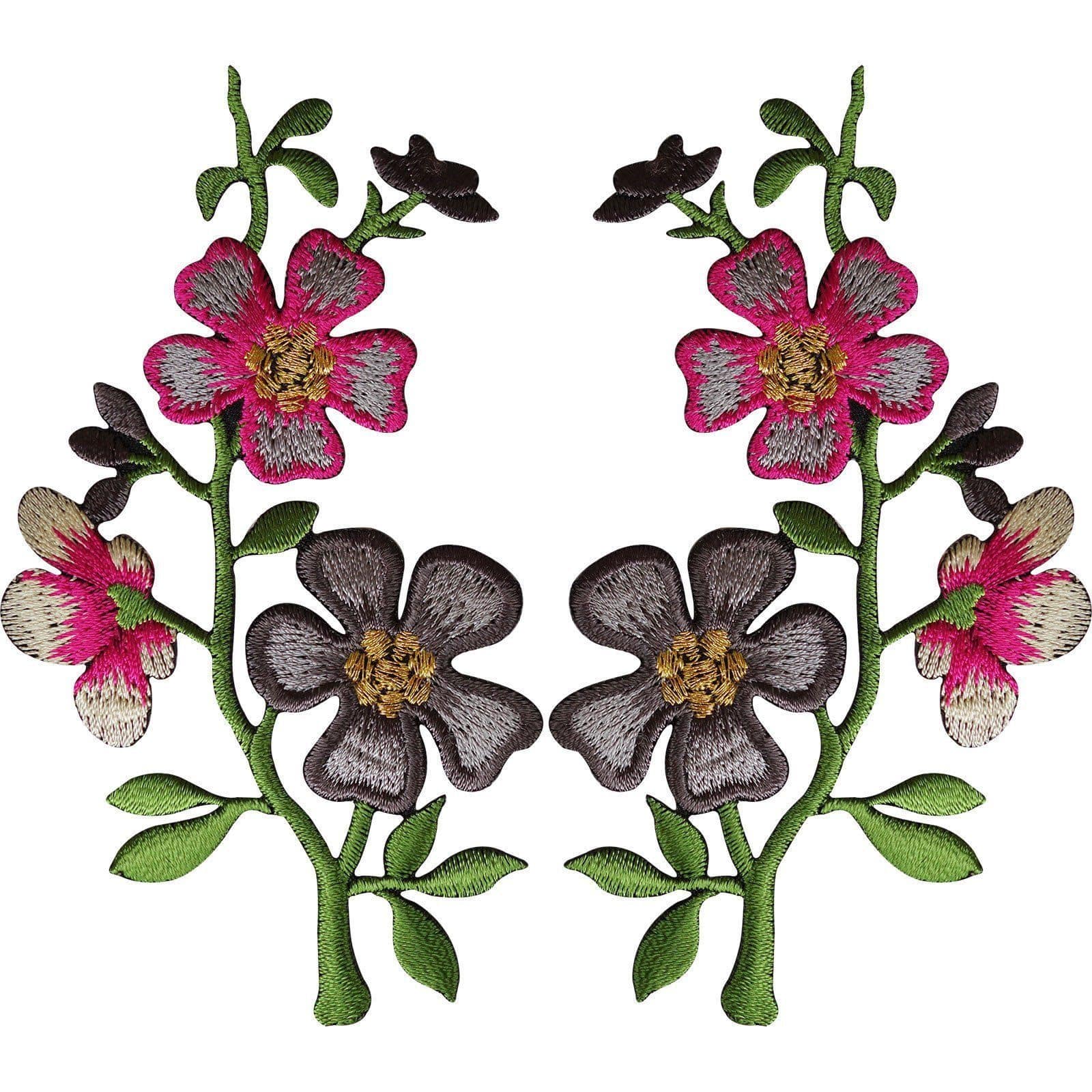 Pair of Pink Grey Flower Patches Iron On Sew On Flowers Embroidered Patch Badge