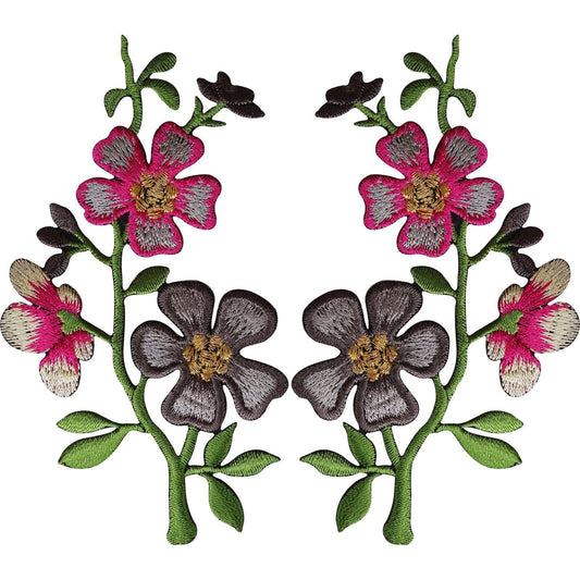 Pair of Pink Grey Flower Patches Iron On Sew On Flowers Embroidered Patch Badge