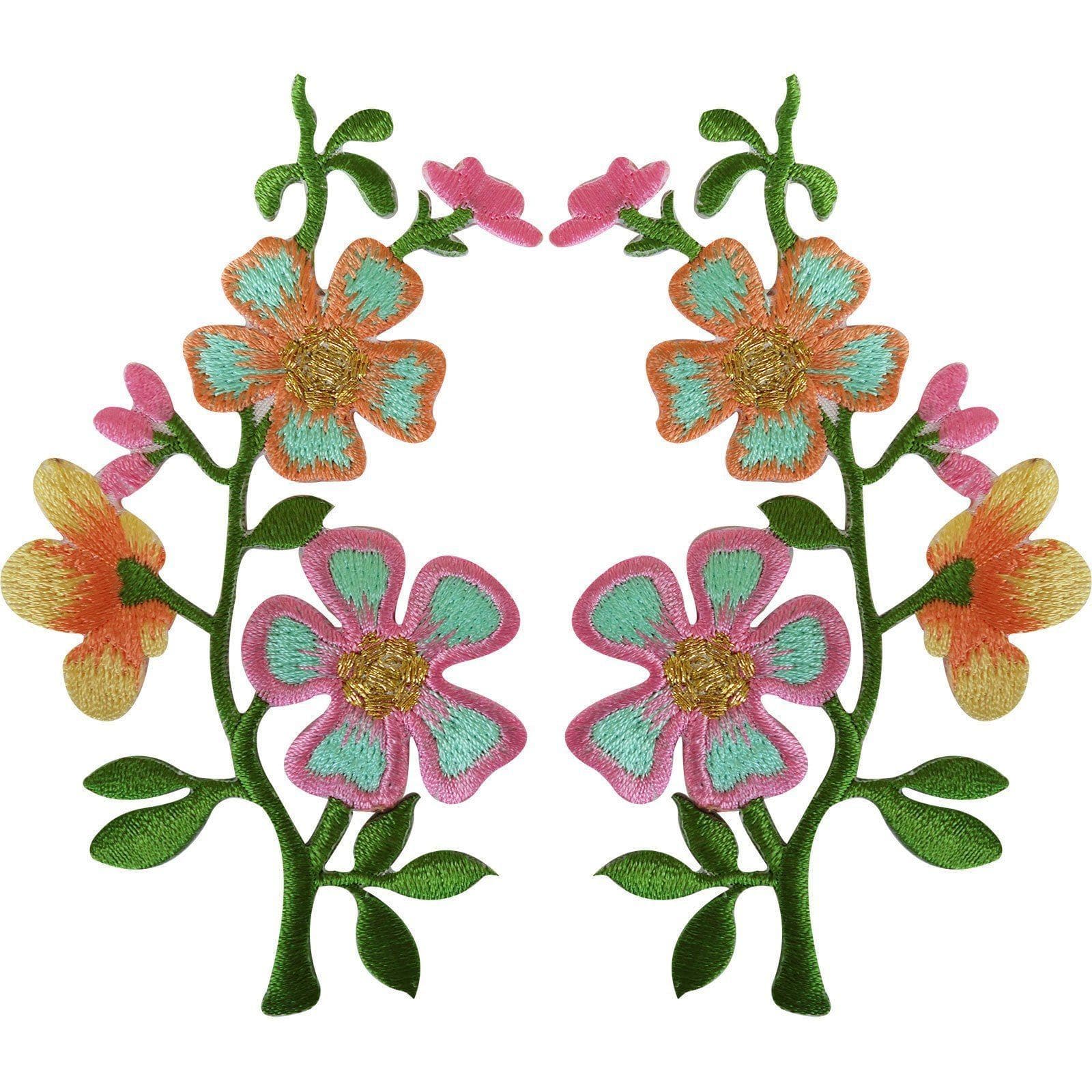 Pair of Pink Peach Flower Patches Iron On Sew On Flowers Embroidered Patch Badge