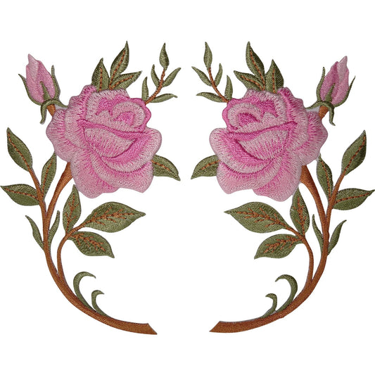 Pair of Pink Rose Flower Patches Iron Sew On Cloth Embroidered Patch Badge Roses